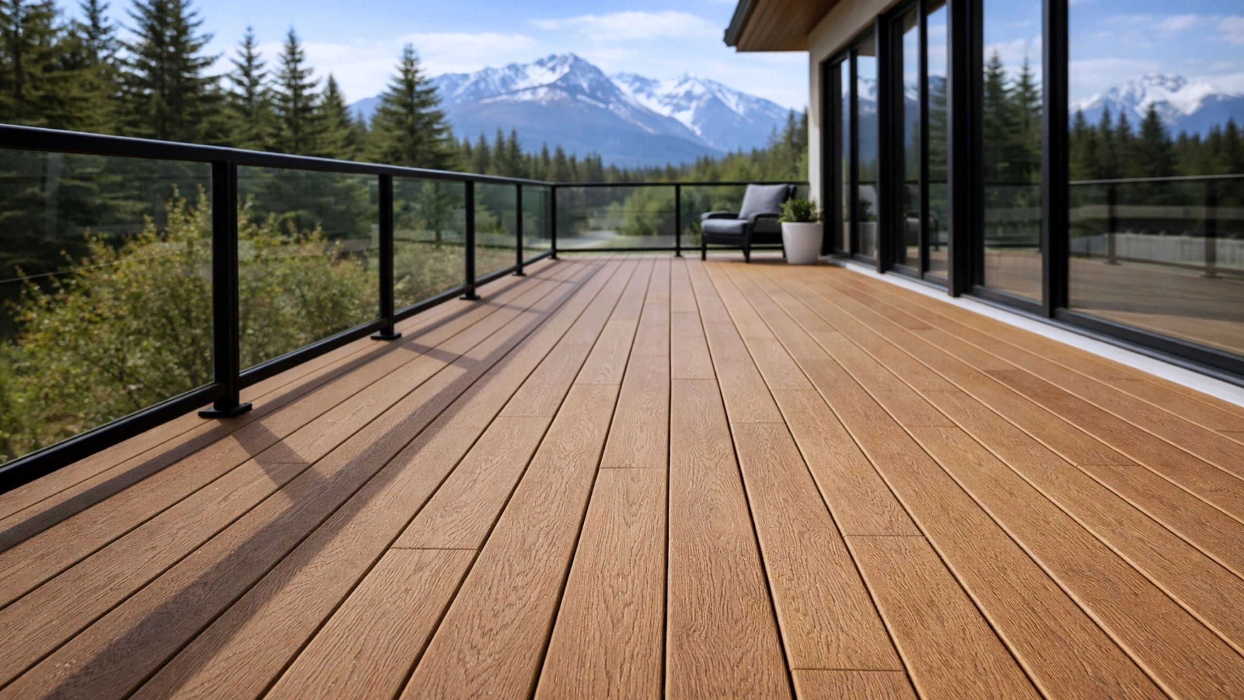 Ottawa Deck Works — a finished composite deck with a mountain view